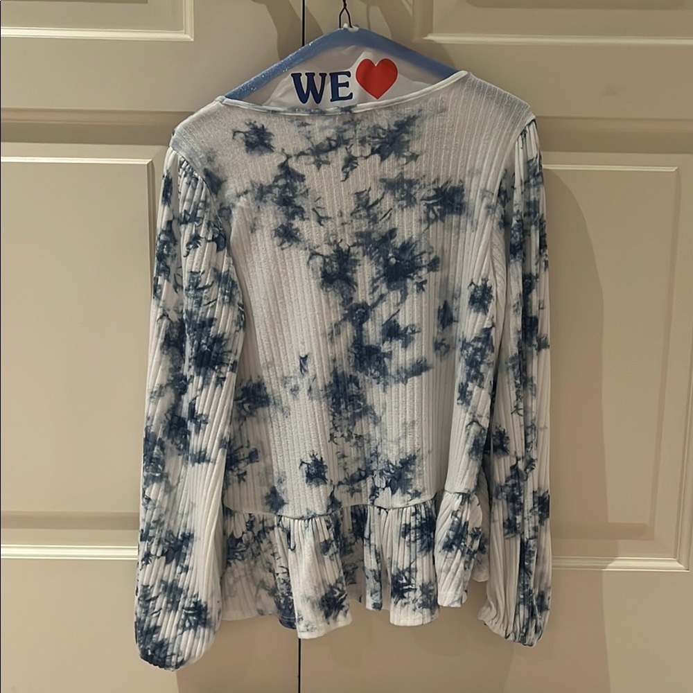 Altar'd State Blue and White Asymmetrical Ruffled Blouse - Picture 2 of 2